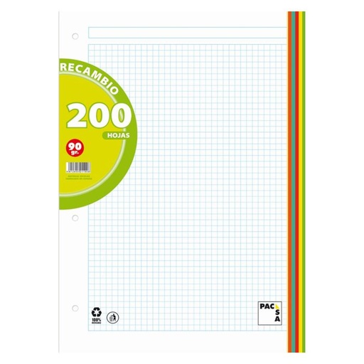 Recambio bloc PACSA 4 taladros 5 colores A4 90G 200H 5X5