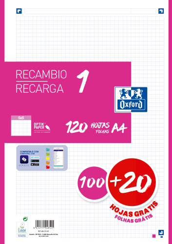[400174181] Recambio color 1 A4 100+20 hojas 5X5 fucsia 90GRS OXFORD 400174181