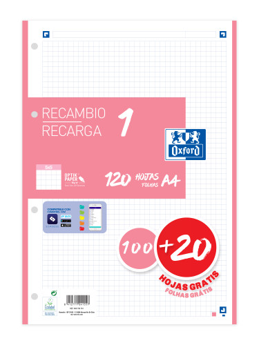 [400158161] Recambio color 1 A4 100+20 hojas 5X5 rosa chicle 90GRS OXFORD 400158161