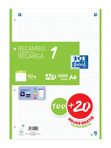 [400158059] Recambio color 1 A4 100+20 hojas 5X5 verde 90GRS OXFORD 400158059