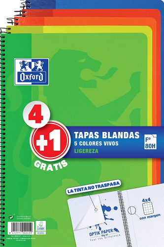 [400027271] Cuaderno espiral tapa blanda folio 80 hojas 4X4 con margen colores vivos oxford 400027271