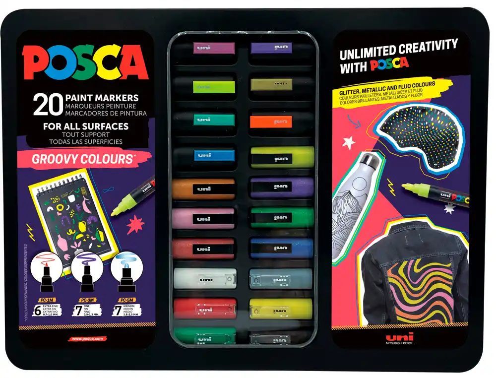[302422188] Rotulador uni POSCA groovy colours marcador de pintura punta conica maletin metalico de 20 unidades colores