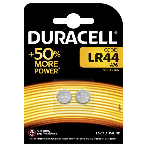 Pilas boton alcalina DURACELL LR44 1,5V blister 2 uds
