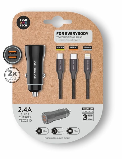Cargador mechero negro  2XUSB + cable triple nylon