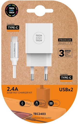 Cargador doble blanco+cable nylon usb-c 2, 4A
