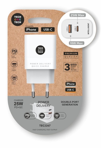 Cargador ultrarrapido 25W usb-c+usb-a pd blanco