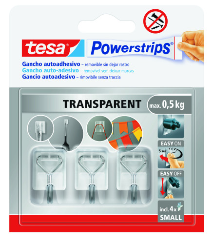[58620-00001-00] Blister 3 ganchos adhesivos alambre powerstrips 0,5KG tamaño s transparente tesa 58620-00001-01