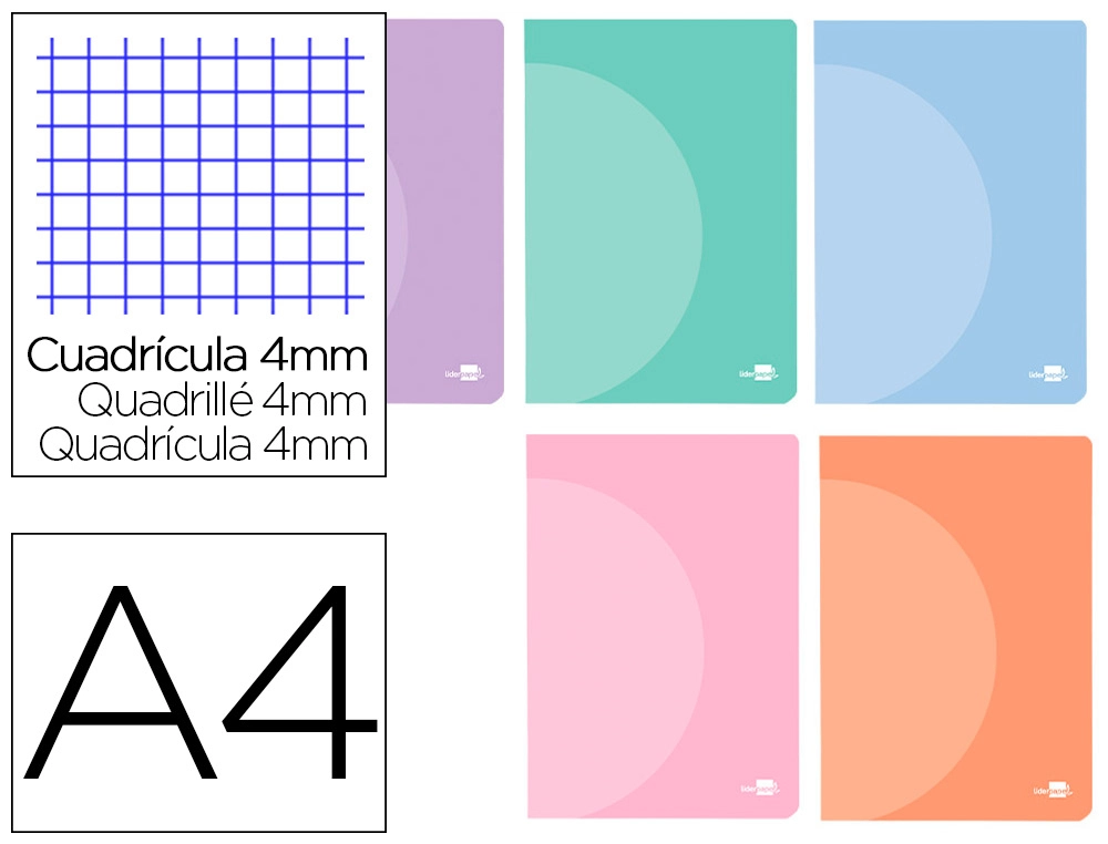[LF23] Libreta liderpapel 360 tapa de plastico A4 48 hojas 90G/M2 cuadro 4MM con margen colores pastel surtidos