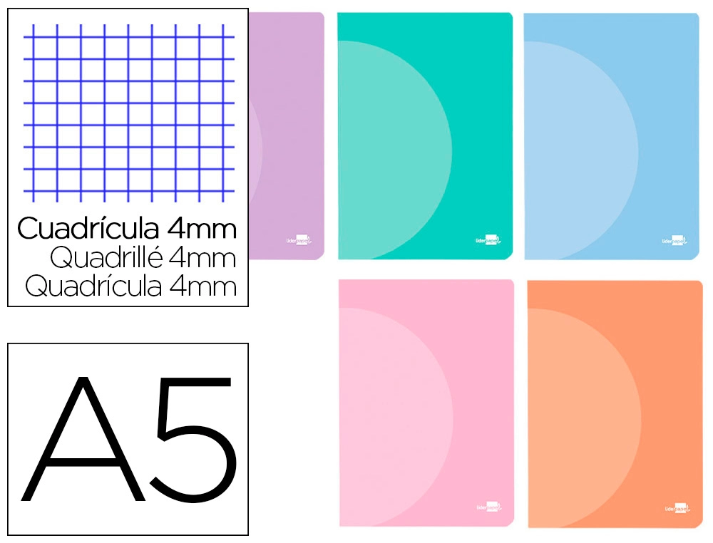 [LF27] Libreta liderpapel 360 tapa de plastico A5 48 hojas 90G/M2 cuadro 4MM con margen colores pastel surtidos