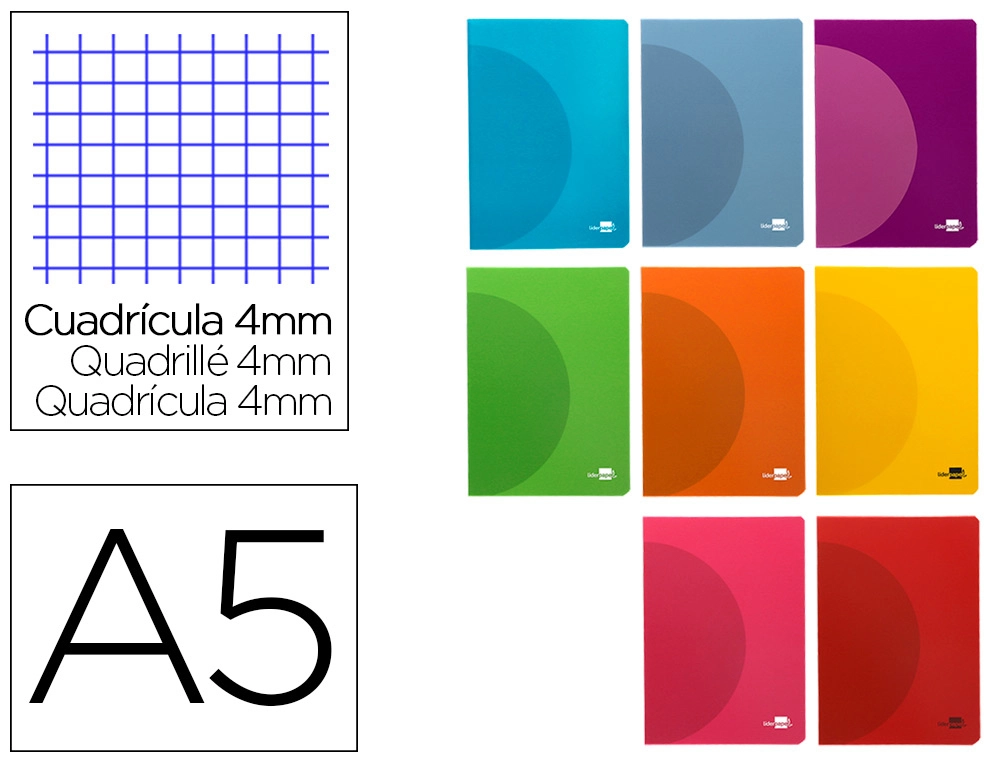[LF03] Libreta liderpapel 360 tapa de plastico A5 48 hojas 90G/M2 cuadro 4MM con margen colores surtidos