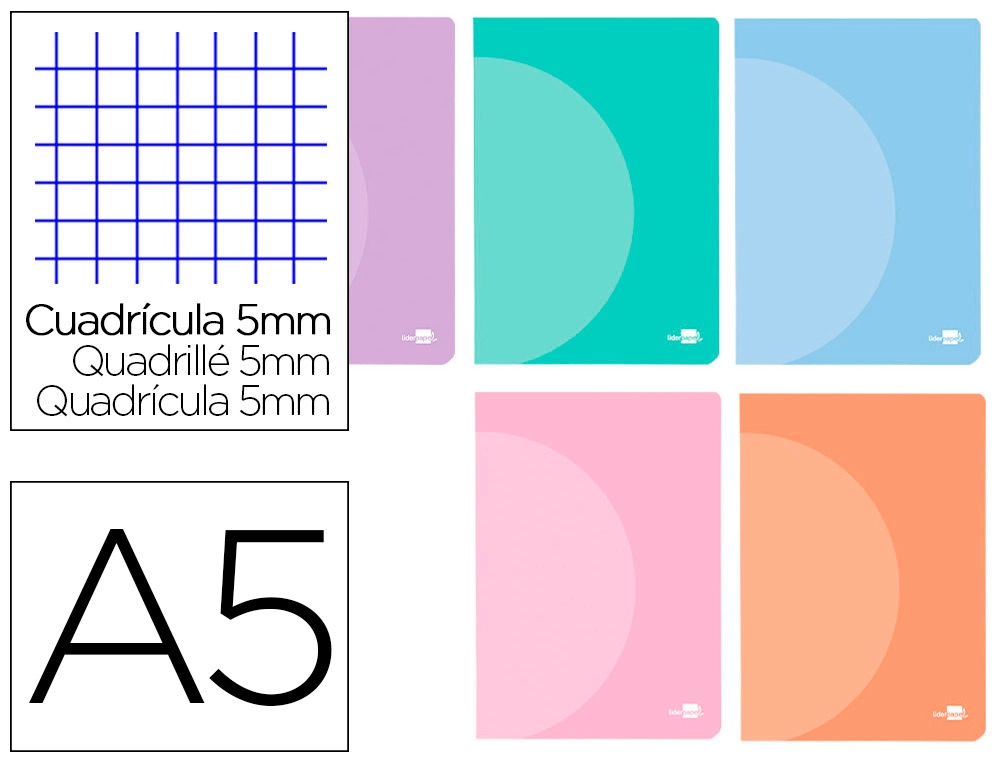 [LF30] Libreta liderpapel 360 tapa de plastico A5 48 hojas 90G/M2 cuadro 5 mm con doble margen colores pastel