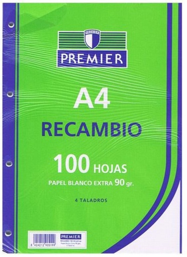Recambio premier 100H A4 90GR milimetrado 4 taladros