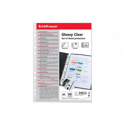 [46703] Set de 100 fundas multitaladras glossy clear, 60 mcm, A4, transparente erich krause 46703