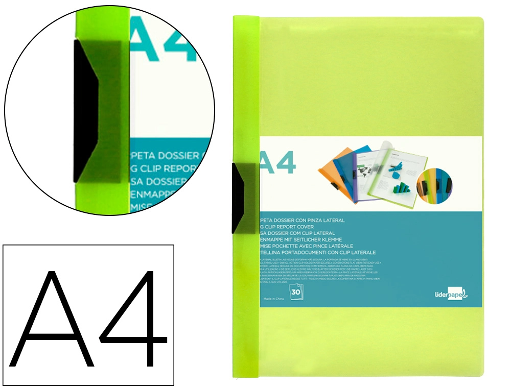 Carpeta liderpapel dossier pinza lateral 45303 polipropileno din A4 verde CLA30 hojas pinza deslizante