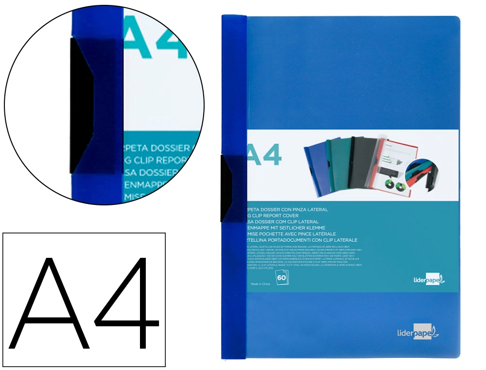 [DP28] Carpeta liderpapel dossier pinza lateral polipropileno din A4 azul translucido 60 hojas pinza deslizante