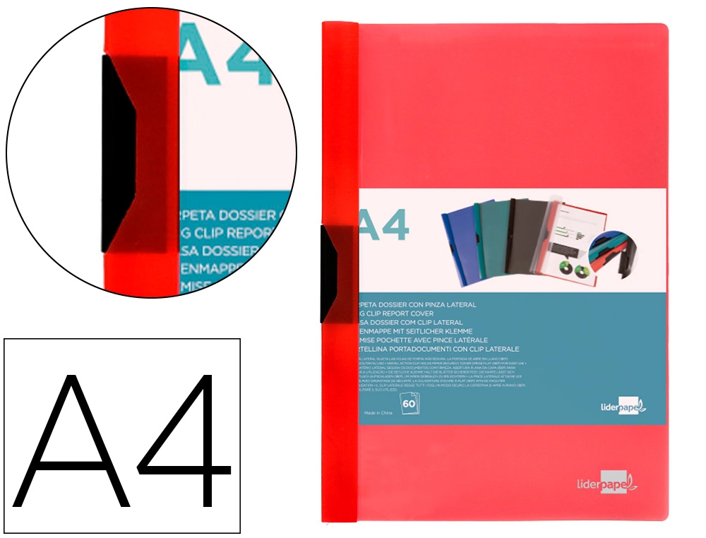 [DP26] Carpeta liderpapel dossier pinza lateral polipropileno din A4 rojo translucido 60 hojas pinza deslizante